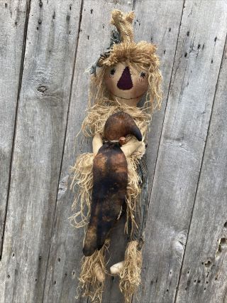 Primitive Grungy Scarecrow Doll With Crow Farmhouse Fall Halloween 28 "