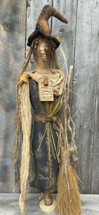 Primitive Standing Handmade Witch Greeter Doll Broom Hat Potion Grungy Ooak