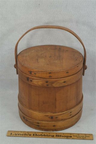 Old Firkin Wooden Bucket W/lid And Bail Handle 10 In Tall Worn