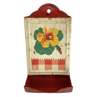 Vintage Metal Tin Match Holder Wall Mount Red With Yellow Flower