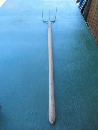 Great Vintage 3 Prong Hay Pitch Fork 53 " Wooden Handle Country Decor