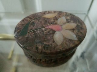 Fetco Hand Made India Oval Soapstone Trinket Box Mother Of Pearl Inlay - Vintage