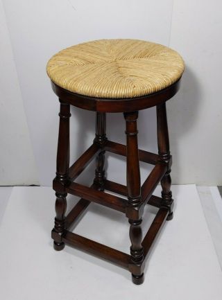 Woven Rush Rope Wicker Rattan Turned Wood Round Bar Counter Stool Vintage Rustic