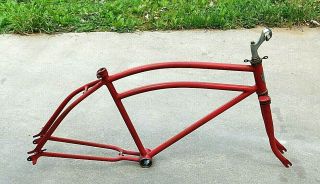 Vintage Ward Hawthorne Model 26 " Bicycle 5 Bar Frame W Front Fork Orig Red Paint