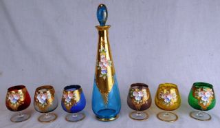 Antique Vintage Bohemian Gold Glass Cordial Set:decanter & 6 Glasses