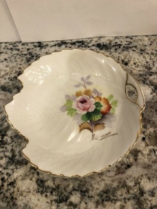 Leaf - Shaped With Flowers Trinket Dish Made In Occupied Japan.  Signed.