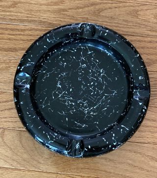 Vintage Round Thick Black White Splatter Ceramic Marble Glass Ashtray Mcm Retro