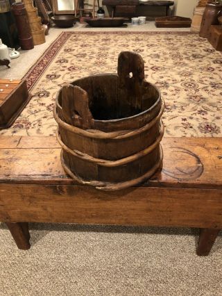 Antique Primitive Wooden Staved Well Bucket With Twined Bands