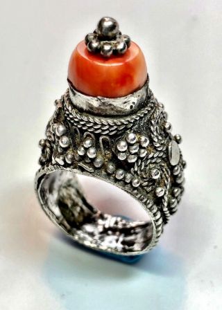 Vintage Yemeni Silver Ring With Coral Bead,  Rare & Traditional Yemeni Filigree
