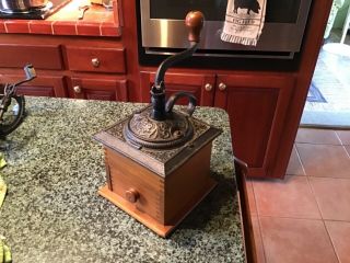 Primitive Antique Wooden Cast Iron Hand Crank Coffee Grinder Kitchen Mill
