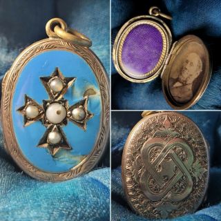 Antique Victorian Photo Locket Mourning Turquoise Blue Enamel Seed Pearl Chased