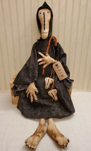 Primitive Grungy Tall 36 " Mr.  Grim Reaper Halloween Doll & Skulls