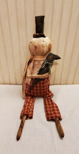 Primitive Grungy Christmas In July Snowman Doll & His Crow
