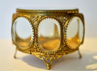 Vintage Filigree Ormolu Jewelry Casket 8 Sided Beveled Glass Ornate Trinket Box