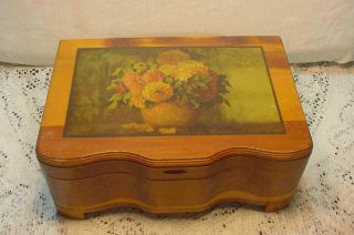 Antique Vintage Wooden Jewelry Box Footed Hinged Decoupage? Floral