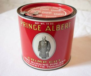 Vtg.  Red Prince Albert Crimp Cut Pipe & Cigarette Tobacco 14 Oz Tin Can & Opener