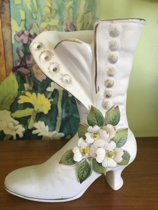 Vintage Victorian Ceramic Boot Planter Floral Bisque Japan White