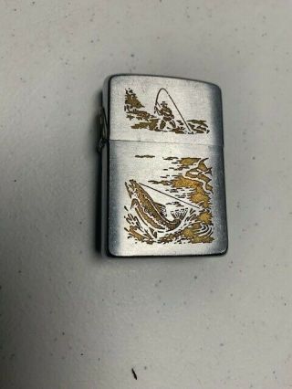 Zippo Lighter Vintage,  Fishing Scene, .  Engraved Scene W/gold Color