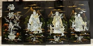 4 Vintage Asian Black Lacquer Mother Of Pearl Wall Panels Art