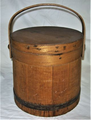 Antique Round Wood Firkin Sugar Bucket With Lid & Handle Large 9 3/4 "