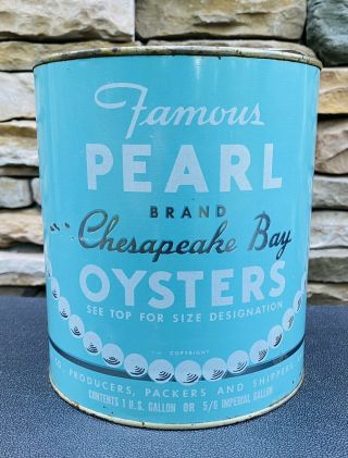 Vintage 1 Gallon Pearl Brand Chesapeake Bay Oyster Tin Can Annapolis Md 87 Htf
