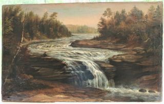 Big 36 " Antique Oil Painting Folk Art River Landscape Country Primitive Victorian
