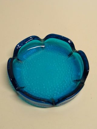 Vintage Blue Glass Ashtray 5 - 3/4 " Mid - Century Mcm Lotus Flower Aqua Retro