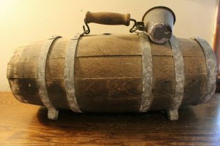 Antique 20 Inch Long Wooden Water Barrel With Old Metal Drinking Cup