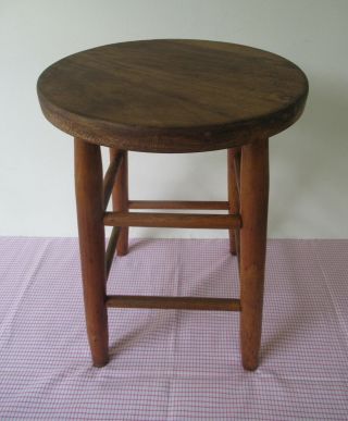 Vintage Stool Primitive Oak Wood,  4 Legs 18 " Tall 13 " Diameter Seat,  Sturdy