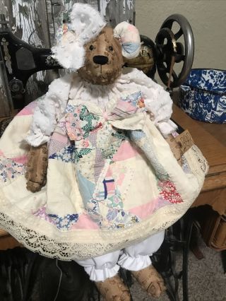 Primitive Teddy Bear Doll,  Antique Quilt,  Vintage Chenille,  Folk Art Teddy Bear