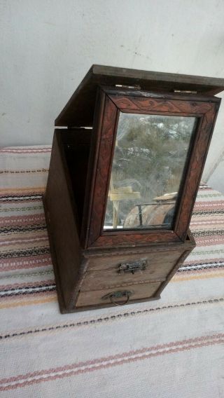 Antique Old Vintage Wooden Jewelry Box Mirror Dresser Rack Shelf Early 20th