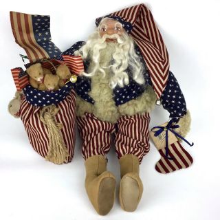Vintage Folk Art Primitive Americana Patriotic Flag Santa Clause Hat Doll Ooak