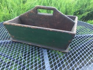 Antique Primitive Pine Wood Knife Box / Utensil Tray Green Paint - Square Nails