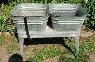 Vintage Wheeling Double Basin Wash Tub Stand Metal Galvanized Rustic Planter