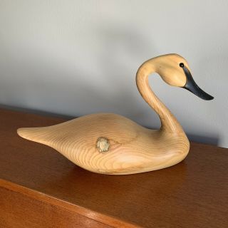 Andy Pouch Wood Carving Swan - Vintage Signed Sculpture - White Pine Decoy