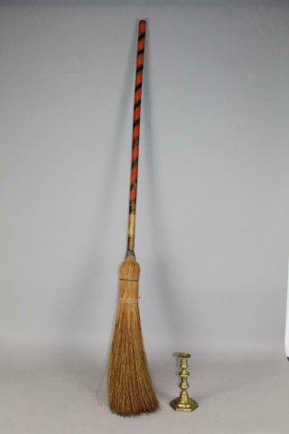 A Late 19th C Primitive Hearth Corn Husk Broom With Painted Long Handle