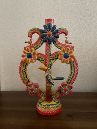 Vintage Large Mexican Tree Of Life Heart - Shaped Candleholder W/ Birds & Flowers