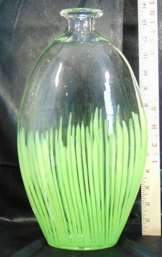 Murano Style Hand Crafted Heavy Art Glass Vase Green Stripes 13.  25 "