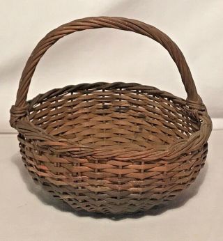 Antique Primitive Honeysuckle Vine Small Round Basket,  Handmade 6 " T,  5.  5 " Diam