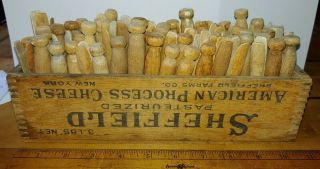 90 Vintage Antique Clothes Pins Wood Push On Sheffield 3 Cheese Box Full