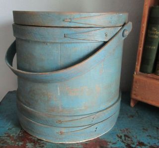 11 3/8 " - Firkin/sugar Bucket/wooden Blue Paint - Pantry Box/shaker - Primitive