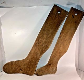 2 Primitive Antique Handmade Wood Child & Adult Set Wooden Sock Stretcher Forms