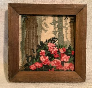Vintage Small Framed Hand Made Needlepoint Picture Of Trees And Flowers 6” X 6”