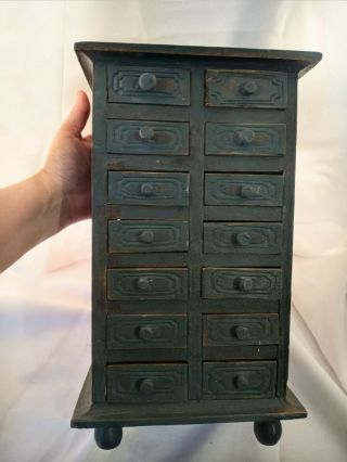 Antique Miniature 13 " Wooden Primitive Chest Of Drawers Teal Green Paint Bureau