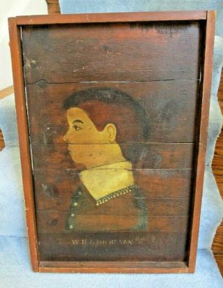 Antique Primitive Hand Painted Portrait On Wood W H A Buchanan Age 7