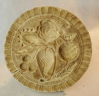 Antique Wood Butter Mold Print Stamp With Carved Thistle Flower Clover No Res