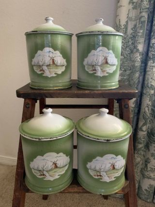 Rare Vintage French Enamel Canister Set Of 4 Green & White With Windmill Scene