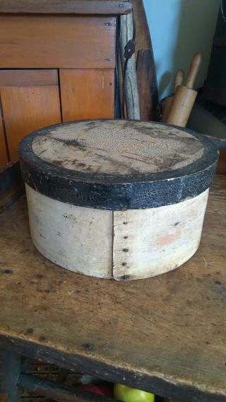 Antique Early Primitive Folky Wood Pantry Box Old Ivory Black Paint 8.  75 " Patina