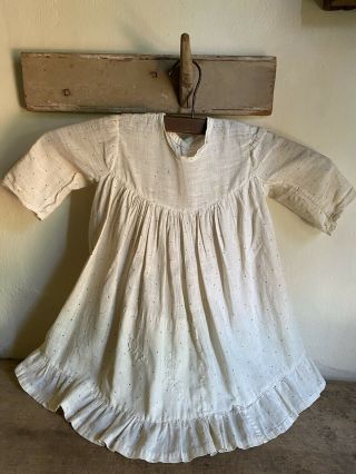 Old Antique Handmade Little Girls Brown Dot Calico Dress Textile Tattered Aafa