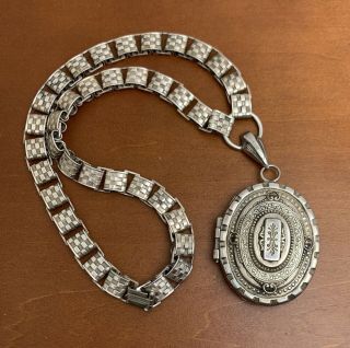 Vintage Victorian Revival Silver Basket Weave Book Chain Locket Pendant Necklace
